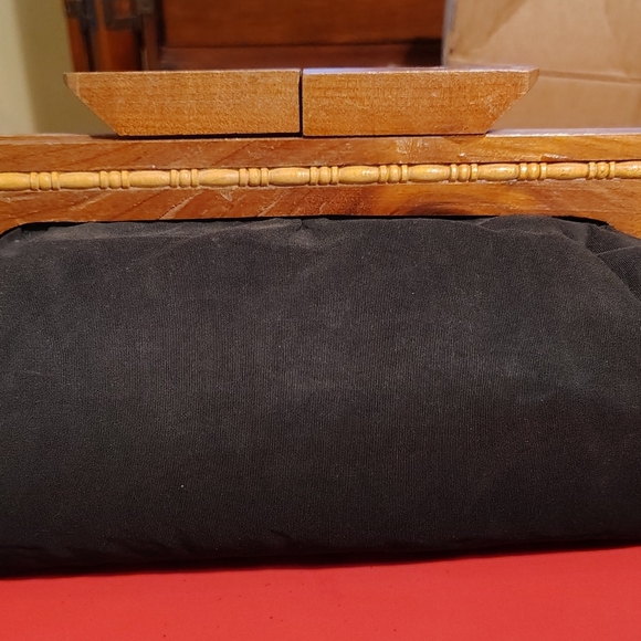 Vtg Black Soft Pouch Wooden Big Clutch Bag - Picture 2 of 10